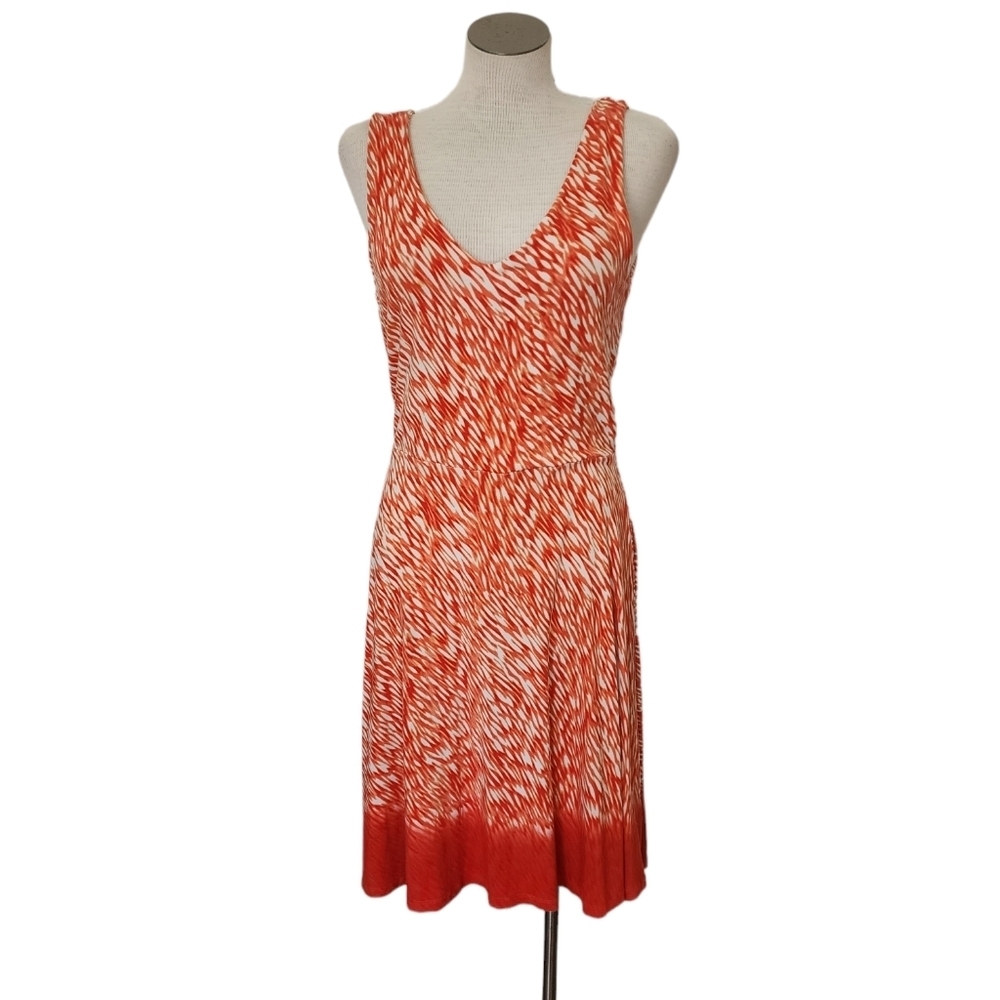 Athleta Elation Orange V Neck Reef Print Abstract Soft Jersey Sun Dress Size M